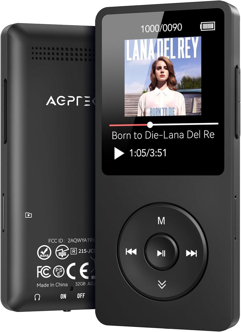 AGPTEK A02 MP3 Player with Bluetooth 5.3, 1.8 inch Screen Portable Music Player with Speaker, FM Radio, Voice Recorder, Supports Expanded Up to 128GB(Black, 32GB)