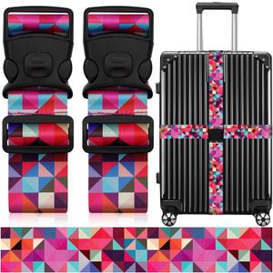 2 Pack Luggage Straps for Suitcases, Adjustable Travel Belt with Double Lock and Quick Release Buckle, Heavy Duty Nylon Bag Packing Strap, Bright Identifiers Business Travel Accessories-Colorful Block