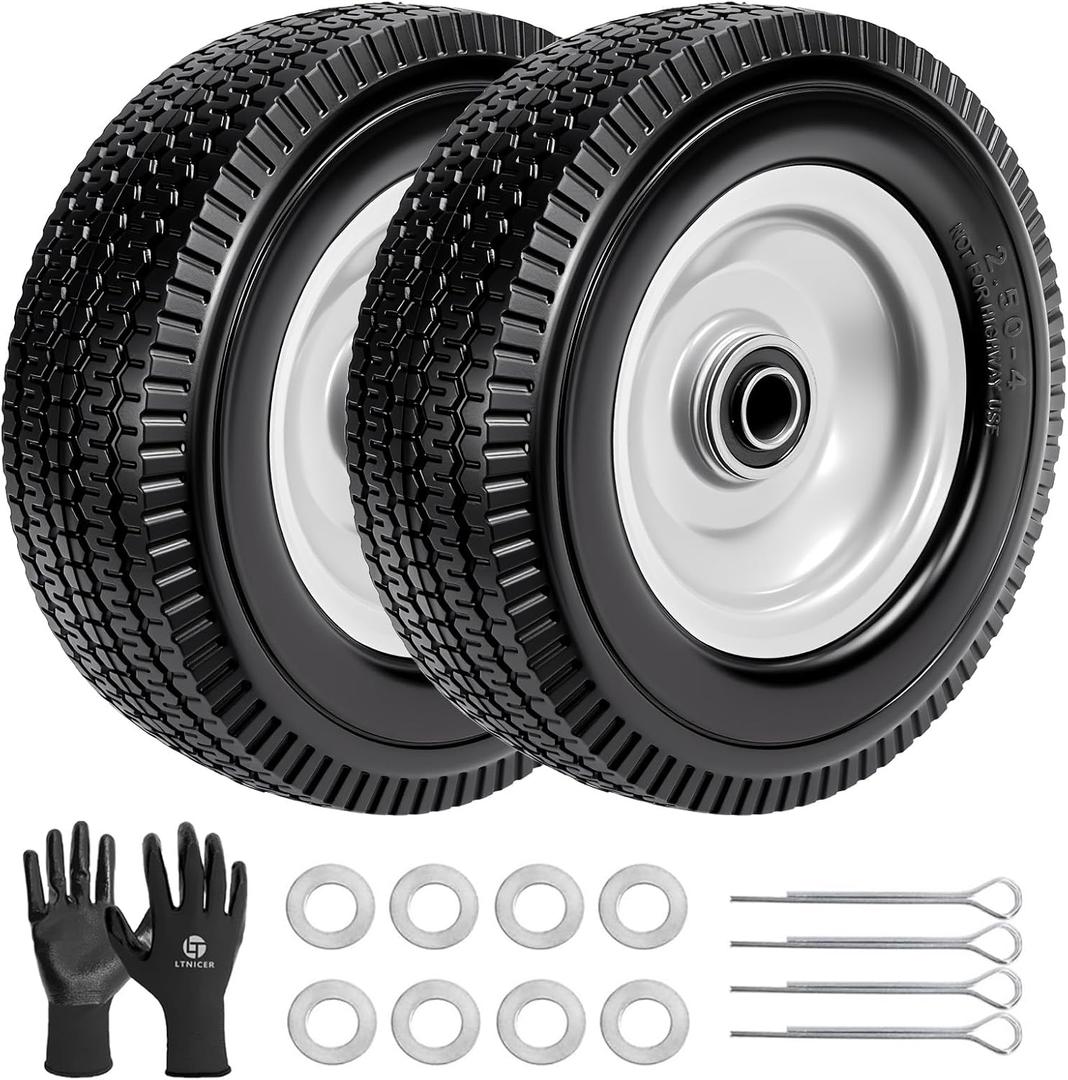 10" Solid Tire Replacement 4.10/3.50-4 Flat Free Tire and Wheel for Garden Carts, Hand Trucks, Wheelbarrows,10x3.50-4" with 5/8" Axle Bore & 2 1/4" Offset Hub (2 Pack)