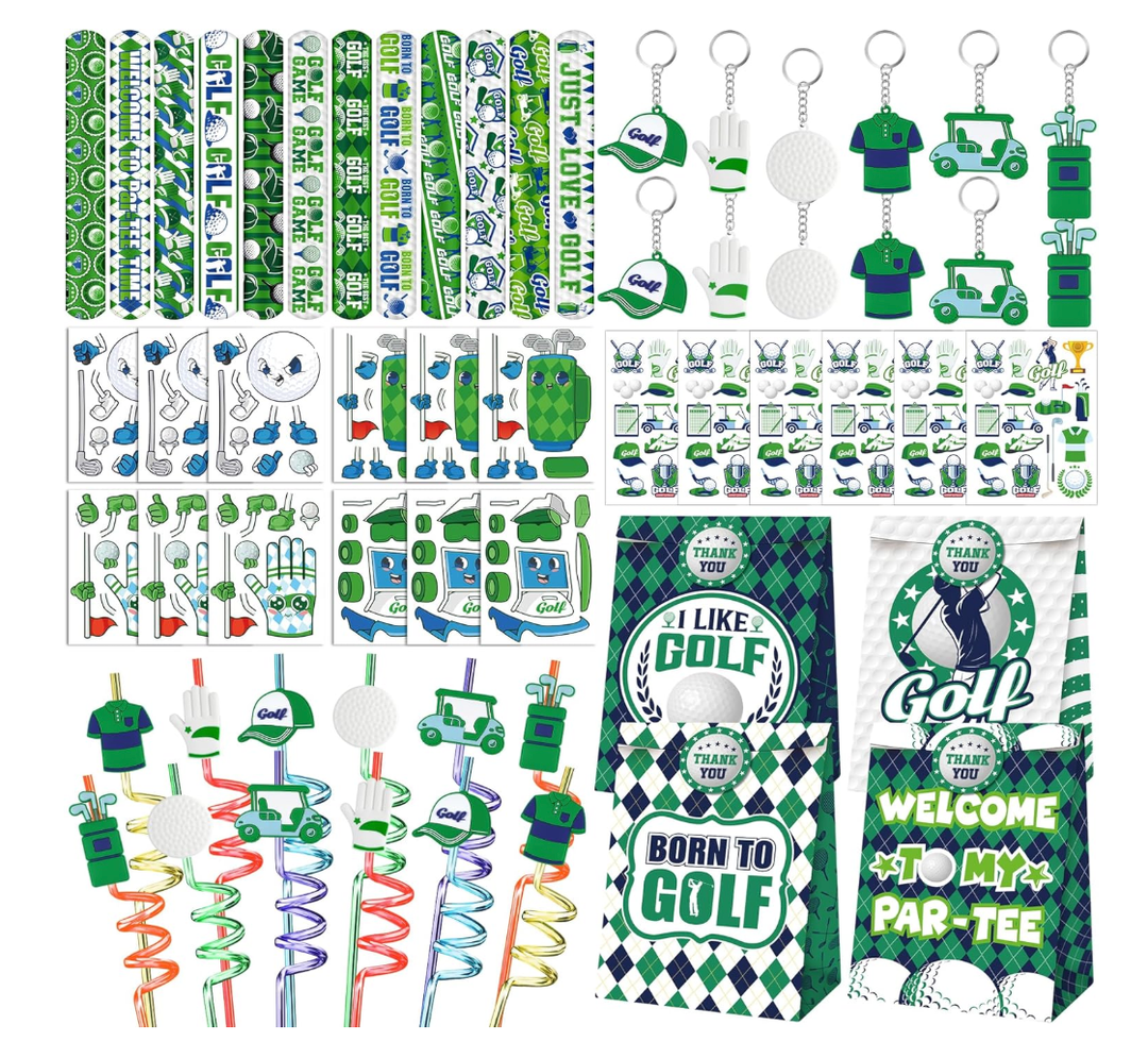 Erweicet 72-Piece Golf-Themed Set: Slap Bracelets, Keychains, Plastic Straws, and Gift Bags – Ideal for Golf Parties, Birthdays, Sports Events, and Treat Bags