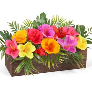 Dlerom Hawaiian Table Centerpieces Artificial Hibiscus Flowers Arrangements Wooden Crate, Wooden Planter with Tropical Palm Leaves for Summer Beach Tiered Tray Shelf Table Home Aloha Luau Party Decor