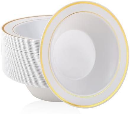 JOLLY PARTY 100PCS Plastic Bowls with Gold Rim-12oz disposable Soup Bowls, Christmas Thanksgiving Premium Dessert Salad Bowls for Wedding/Party