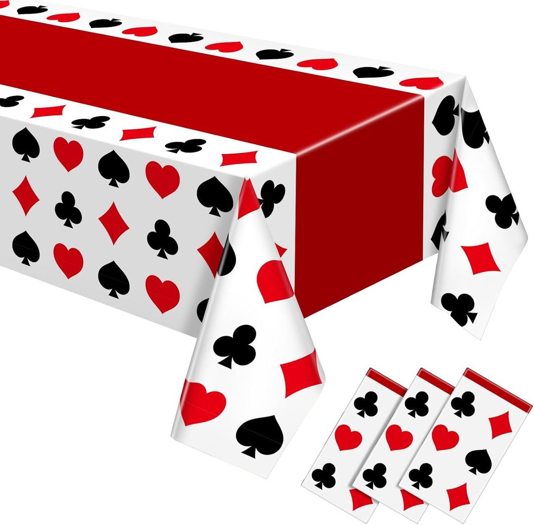 Hosuly 3 Pcs Casino Theme Party Decorations Poker Tablecloth Poker Plastic Disposable Table Cover Casino Theme Tablecloth for Game Birthday Playing Card Party Picnic Supplies, 51 x 108 Inch (Classic)