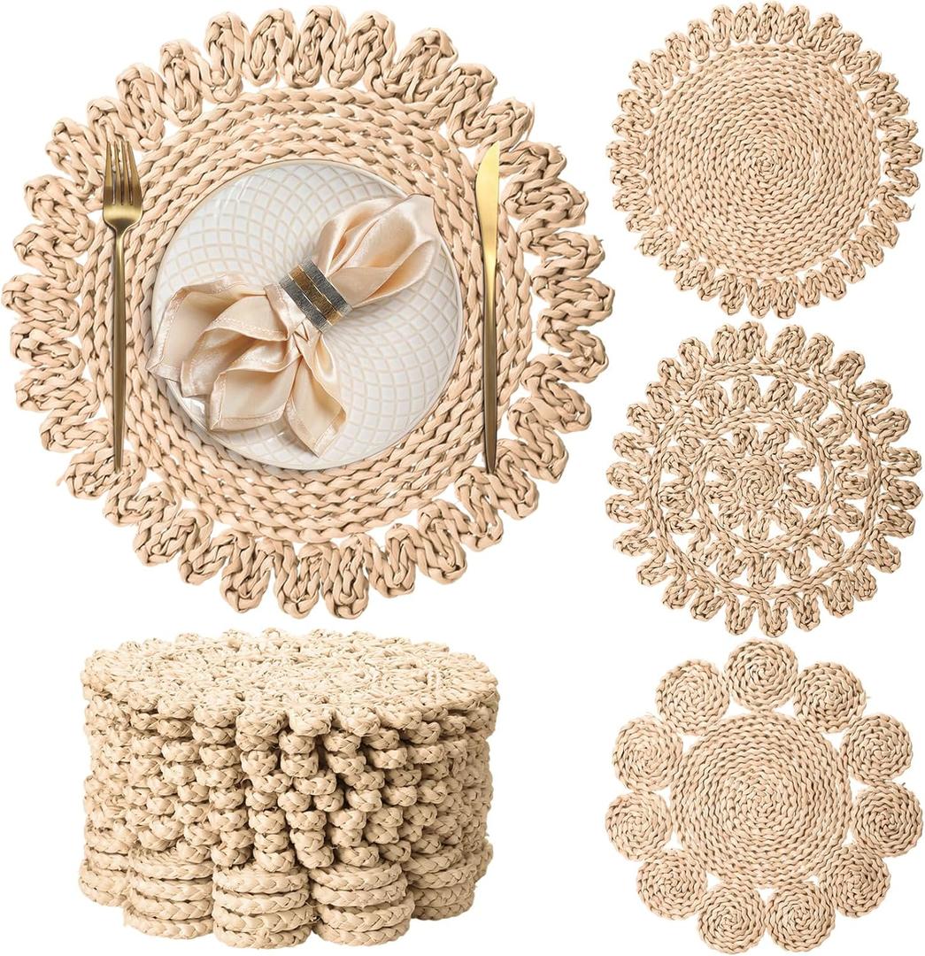 Set of 12 15'' Extra Large Round Corn Husk Placemats Boho Woven Rattan Table Mats Rustic Farmhouse Plate Charger Natural Wicker Place Mat for Dining Table Home Wedding Thanksgiving Christmas