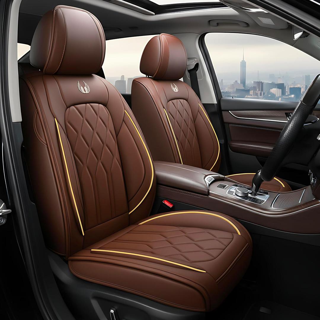 OASIS AUTO Car Seat Covers Full Set Premium Waterproof Faux Leather Cushion Universal Accessories Fit SUV Truck Sedan Automotive Vehicle Auto Interior Protector (013-Brown)