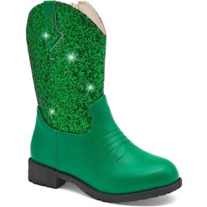 Sparkly Girls Cowgirl Boots Glitter Cowboy Dress Boots for Little to Big Kid Mid Calf Round Toe Birthday Horse Riding (Green)