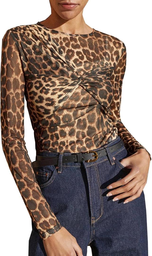 SHENHE Women's Casual Leopard Print Long Sleeve Tops Round Neck Slim Fitted Twist Front Shirt (Brown, L)