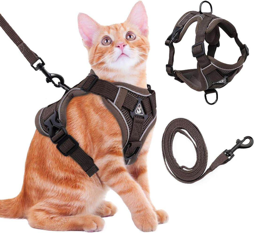 Cat Harness and Leash for Walking Soft Cat Harness Escape Proof, Adjustable Kitten Harness Cat Leash Reflective Strips Jacket, Breathable Cat Vest Harness Set for Kitten Easy to Wear Outdoor Walking (X-Large, Brown)