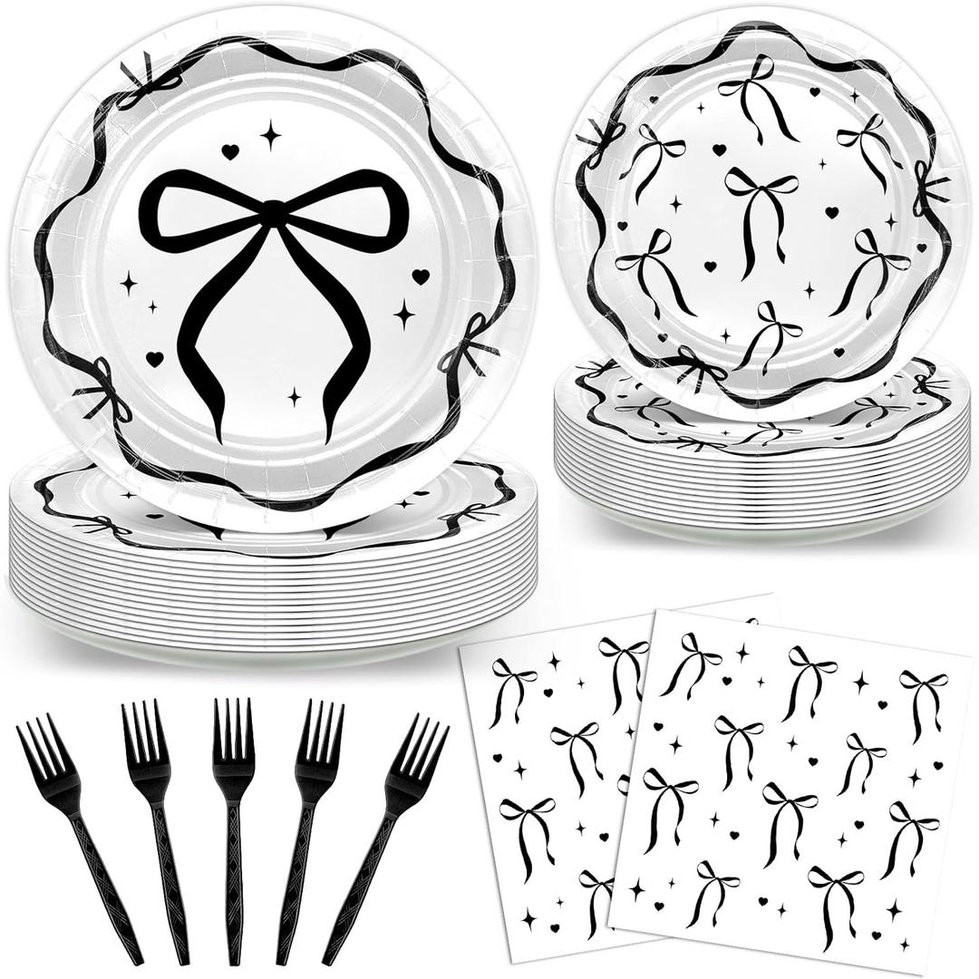 Avezano 96pcs Black Bow Plates and Napkins Black Bow Birthday Party Decorations Balck and White Bow Birthday Decorations Disposable Tableware Serve 24