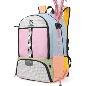 Boulder Bee Lacrosse Backpack with Stick Holders, Field Hockey Bag, Lacrosse Gift for Women (Blue & Pink)