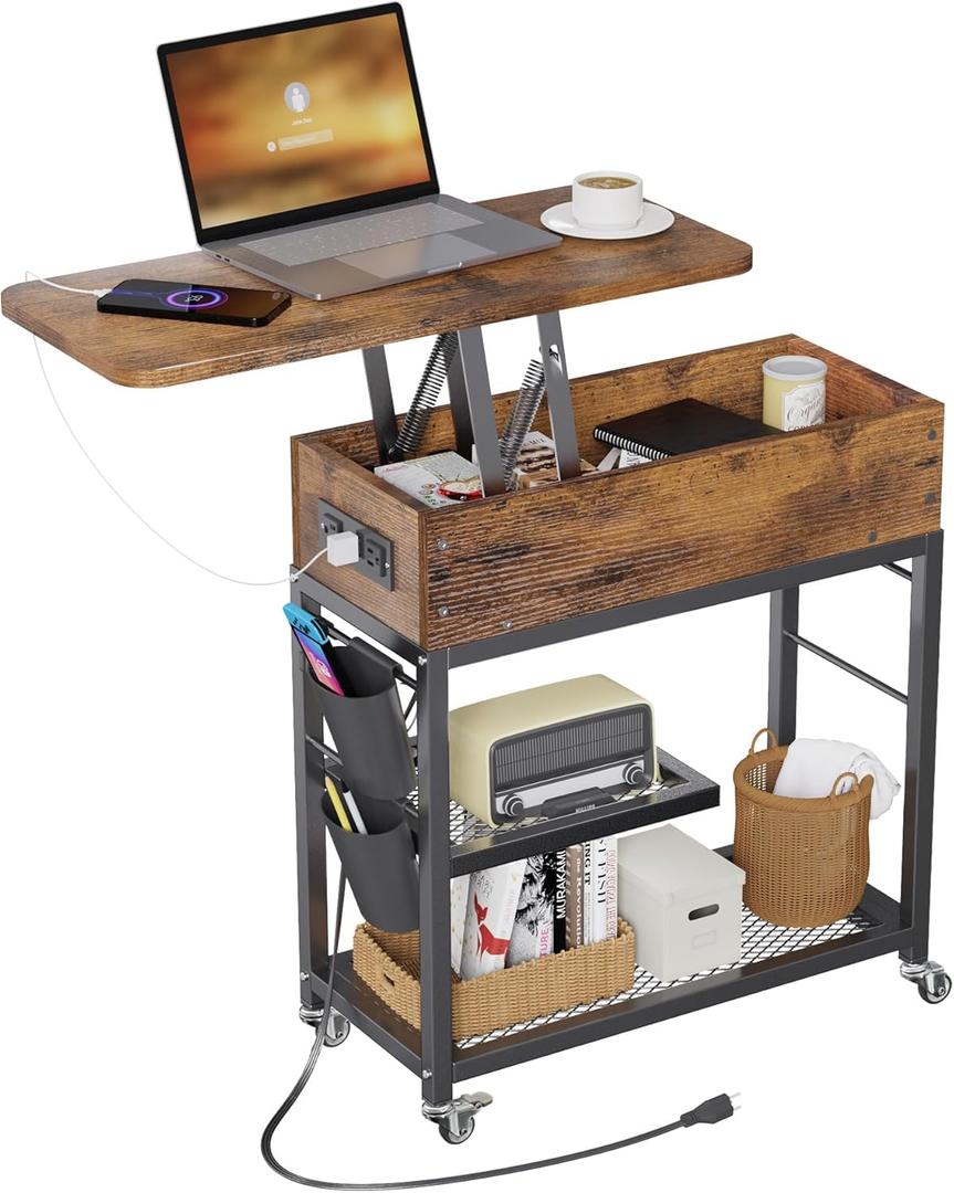 Colima Lift Top End Table with Charging Station and Wheels, Sofa Side Table with USB Port & AC Outlets, Movable Bedside Nightstand with Side Bag for Office Living Room Bedroom (Rustic Wood)