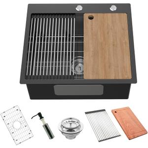 Black Kitchen Sink Workstation, 25x22 Inch Stainless Steel Drop In Kitchen Sink Modern Large Single Bowl Kitchen Sink Gift Combo-SS Grid,Drying Rack,Cutting Board,Soap Dispenser, Drain Strainer Set