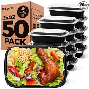 100-Piece (50-Pack) 24 OZ Meal Prep Containers Reusable with Lids, Sturdy Leakproof & Food Safe, Microwave, Freezer, Dishwasher Safe To Go Food Containers, Plastic Take Out Containers, Black