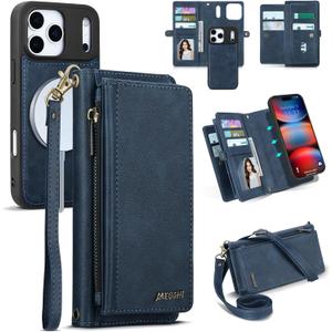Iphone 17 Pro Max Wallet Case, Detachable Magnetic Phone Case, Faux Leather Strap Wallet, with RFID Blocking, Zipper Card Holder, Shoulder Straps (Darkblue)