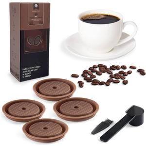 Reusable Coffee Capsule Lids for Original Nespresso Pods Vertuoline, Food Grade Silicone Caps for Any Sizes of Reusable Nespresso Refillable Capsule with Scoop and Brush (Brown)