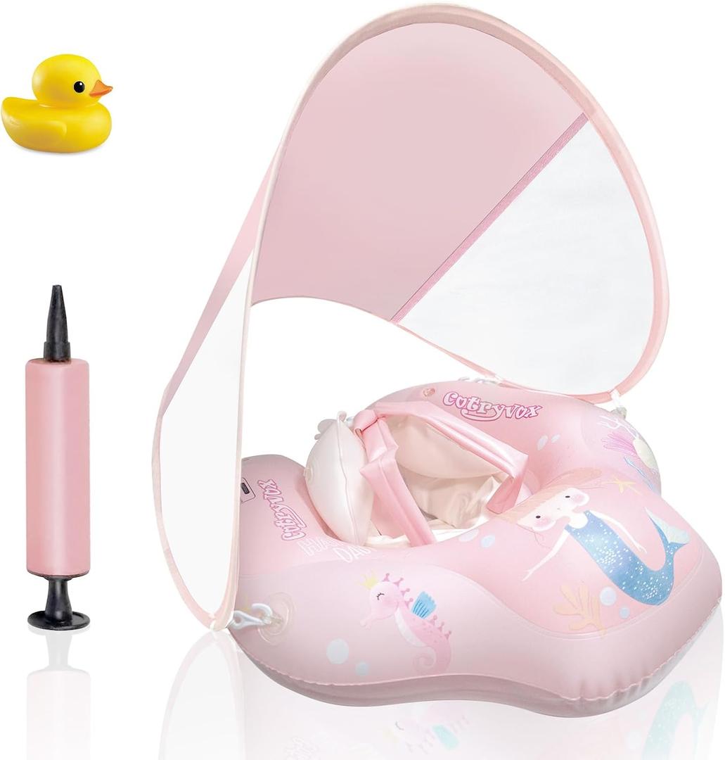Baby Pool Float with Canopy,Pool Float for Toddlers 6-36 Month, Pink Infant Float,Baby Swim Float&Baby Swimming Float UPF50+ Sun Protection,Kids Floaties for Pool and Beach with Pump. (Small)