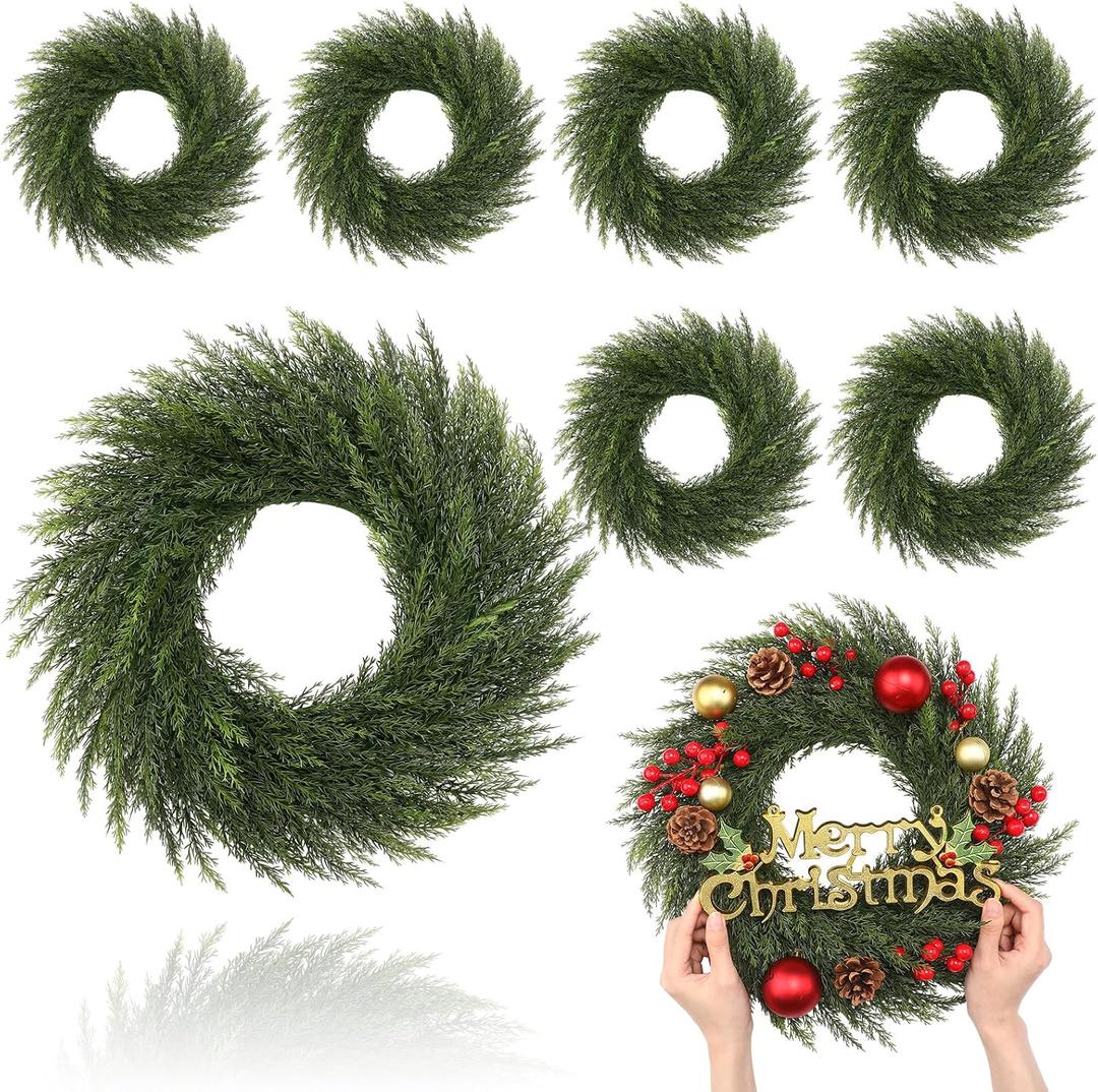 Zeyune 8 Pcs Christmas DIY Green Wreath 14 Inch Artificial Christmas Wreaths Faux Plain Wreaths for Decorating Front Door Window Room Farmhouse Xmas Party Indoor Outdoor (Elegant Style)