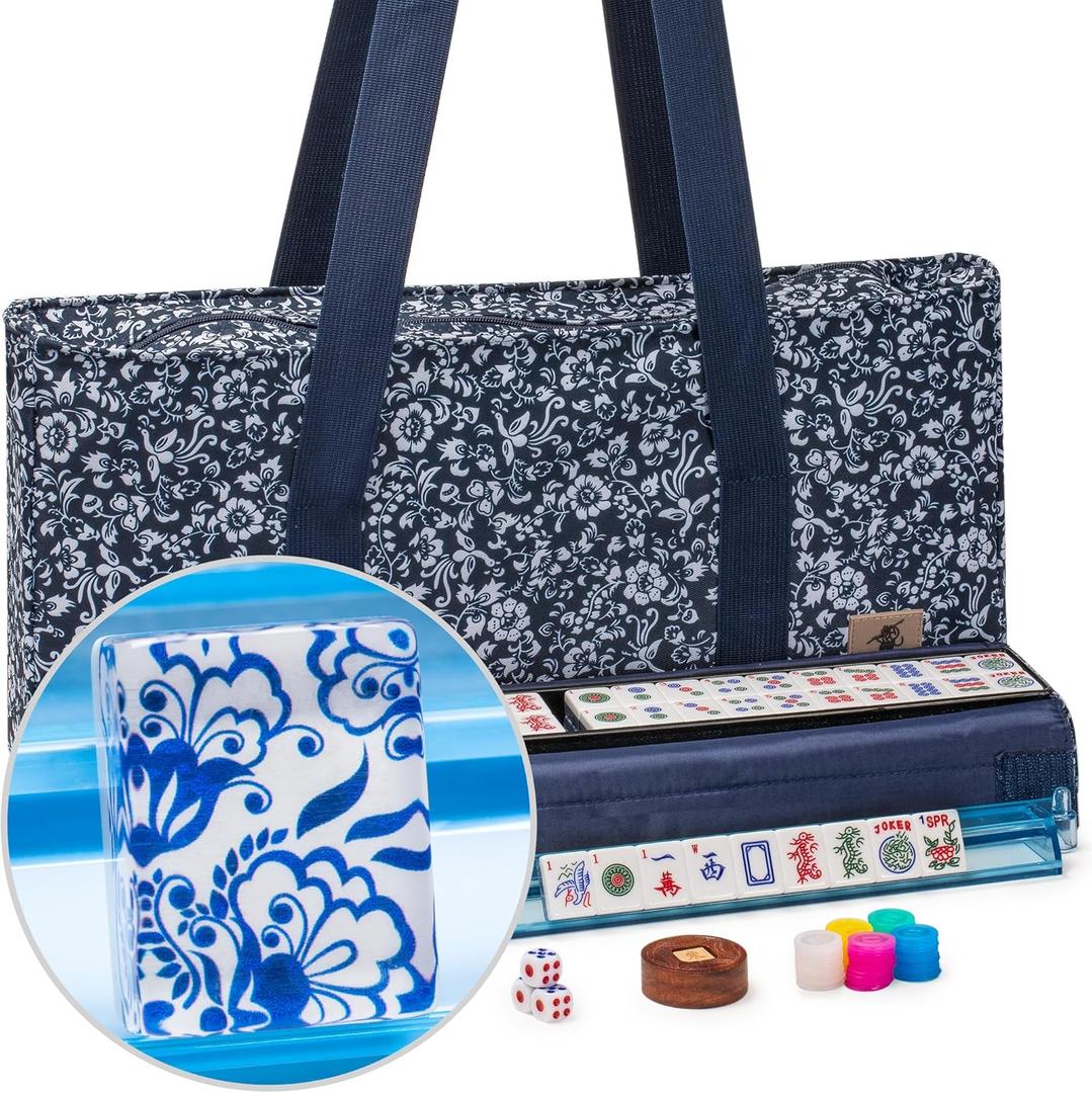 Yellow Mountain Imports American Mahjong Set, Chinoise II with Floral Blue Soft Case - All-in-One Racks with Pushers, Wright Patterson Betting Coins, Dice, & Wind Indicator