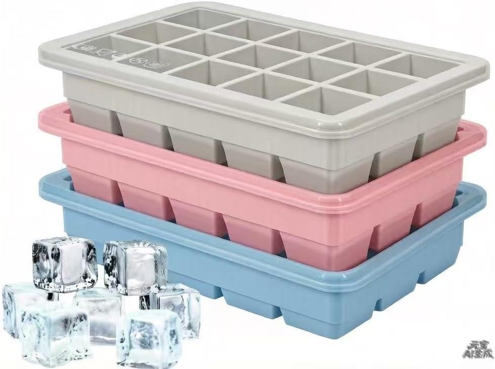 Silicone Ice Cube Trays 3Packs, Easy Release Ice Cube Molds with Lid, Freezer Stackable Ice Maker for Whiskey, Baby Food, BPA Free (Blue+Grey+Pink)