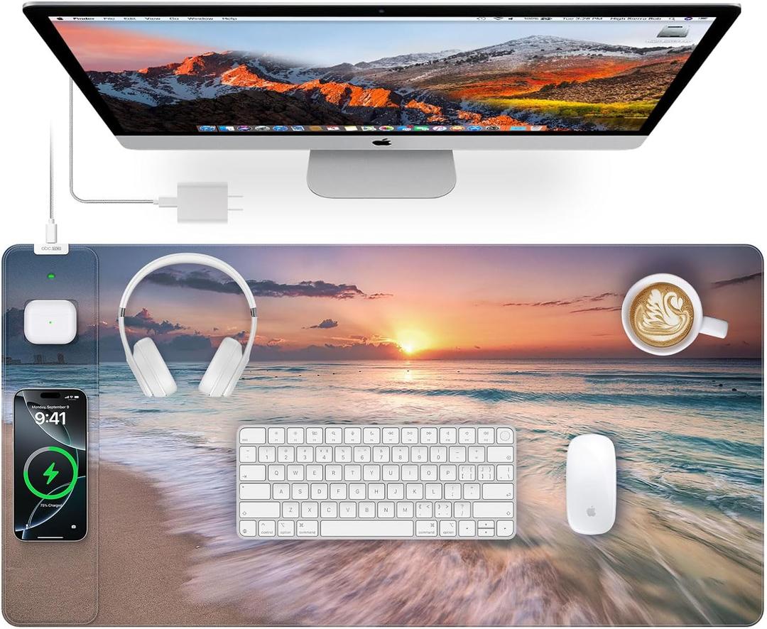 Wireless Charging Mouse Pad, 31.5"x15.8" Large Gaming Desk Mat for Keyboard/Laptop, Waterproof Ultra-Smooth Surface, Non-Slip Base, with 20W PD Adapter, Beach Sunset