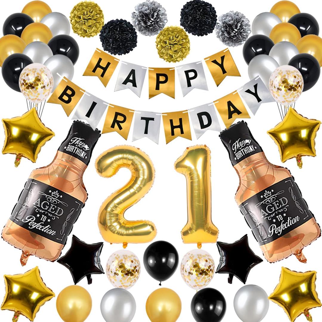 21st Gold Birthday Decorations, Gold Black Silver Happy Birthday Balloons Supplies for Boy Girl, 21 Birthday Party Set with 21 Gold Number Balloons Happy Birthday Banner