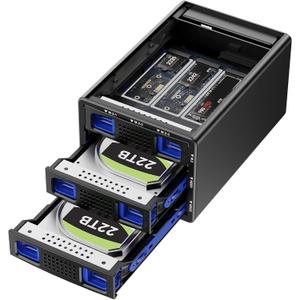 Hybrid 2*2.5/3.5" SATA HDD/SSD(Support RAID 1/0/JBOD/NORMAL)+3* M / B+M Key M.2 NVMe Enclosure with Fan, USB A/C 3.2 Gen 2, Hard Drive Enclosure Support 68TB(2*22TB HDD+3*8TB 2230/42/60/80/110 SSDs)