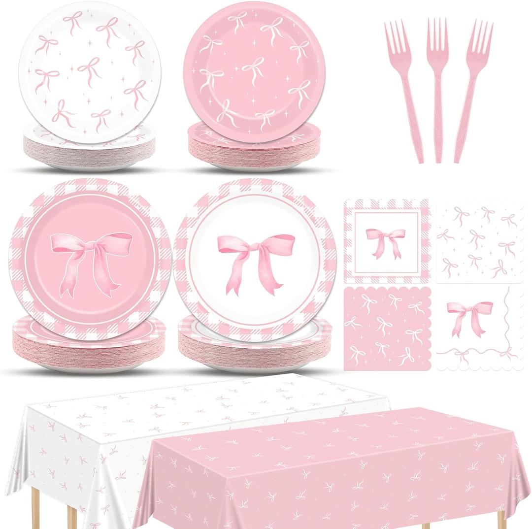 98pcs Pink Bow Party Supplies Bow Birthday Party Plates and Napkin Tablecloth Pink Bow Party Decoration for Girl Bachelorette Bridal Engagement Baby Shower Coquette Cute Tableware Table Cover Serve 24