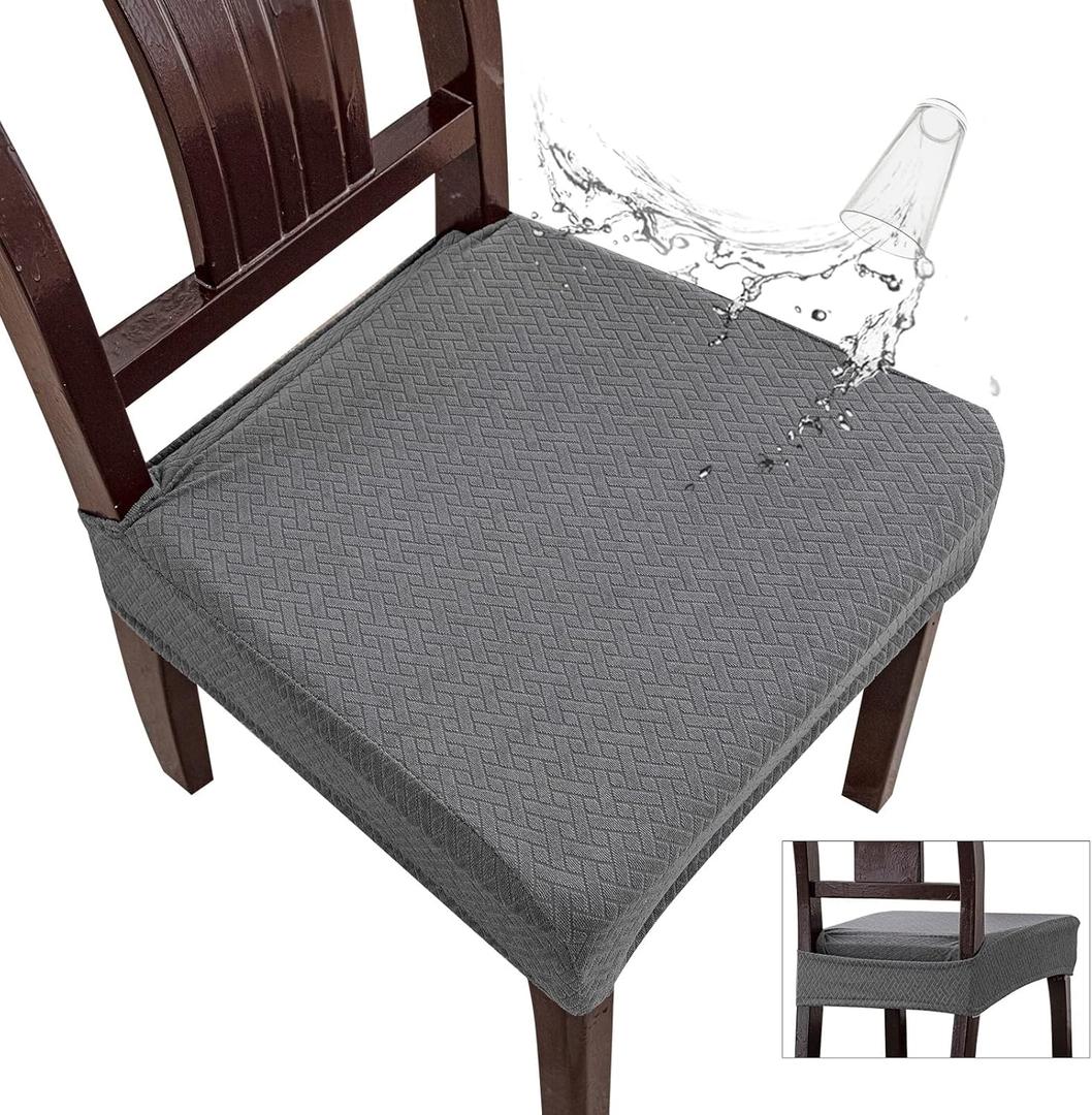 Genina Waterproof Seat Covers for Dining Room Chair Covers Set of 8, Stretch Jacquard Kitchen Parson Chair Slipcover Protector (8 PCS-Rear-covered, Dark Grey)