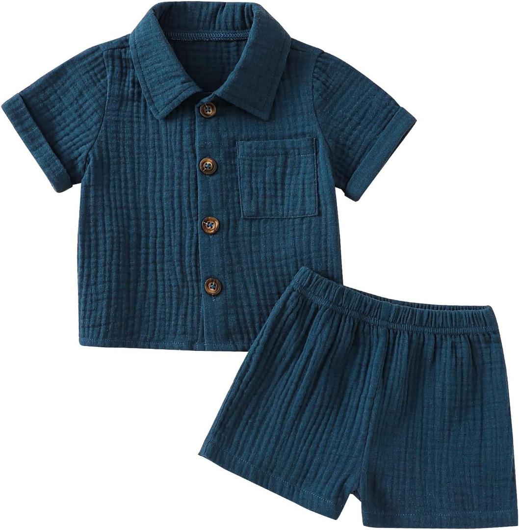 Baby Boys Clothes Set Toddler Infant Boys Button-down Shirt Tops + Cotton Gauze Shorts Summer Outfit 2PCS with Pockets (0-6 Months, Navy Blue), 70