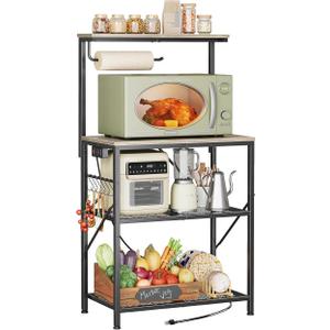 Huuger 4Tier Bakers Rack with Reversible Power Outlet, 23.6 Inch Microwave Stand, Kitchen Coffee Bar, with Top Shelf, 6 S Hooks, Oak