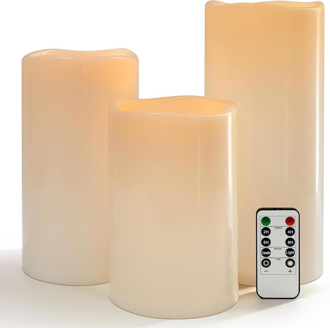 8" 10" 12" x 5" Extra Large Waterproof Outdoor Flameless Candles Battery Operated LED Pillar Candles for Indoor Outdoor Lanterns, Off White, Long Lasting, Set of 3