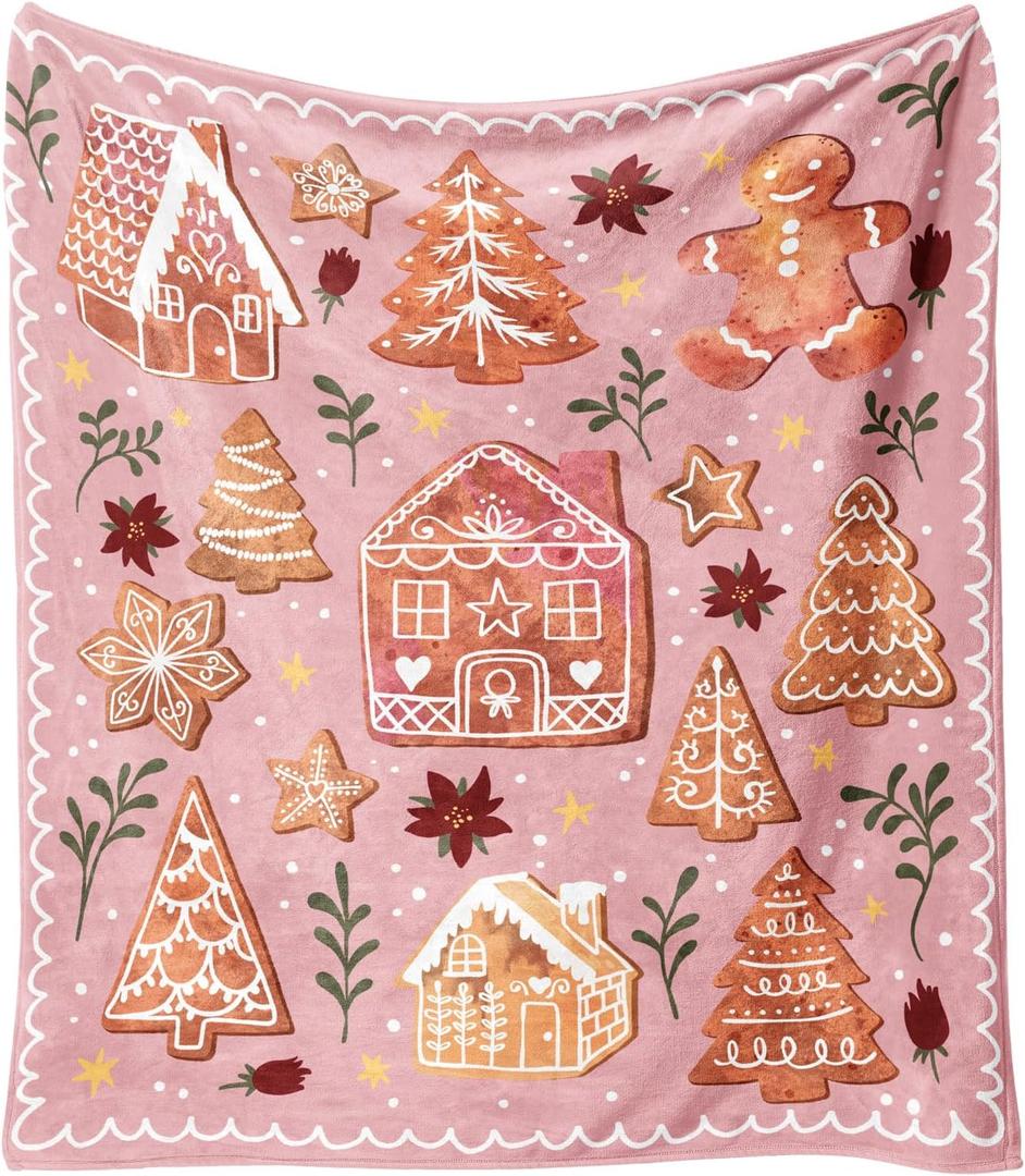 Christmas Throw Blanket for Couch 60x50,Pink Winter Holiday Festival Cute Xmas Gingerbread House Trees Blankets for Woman, Soft Flannel Fleece Blankets for Home Living Room Bed Chair