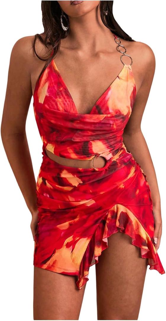 MakeMeChic Women's Tie Dye Ring Linked Draped Cut Out Halter Sleeveless Ruffle Mini Dress, Medium