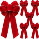 6 Pcs Red Bows 8" x 16" for Christmas Tree, Large Christmas Velvet Bows with Gold Border Waterproof Indoor Outdoor Xmas Tree Craft for Garland Swag Lantern Outdoor Decor