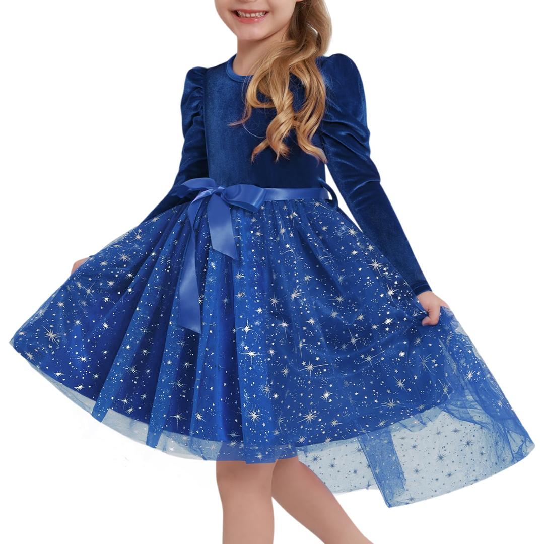 Luckrizyy Girls Velvet Christmas Dress Toddler Tulle Sequin Tutu Dresses Kids Winter Party Holiday Casual Princess Dress 2-7Y Dark Blue (Blue)