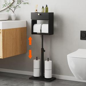 NiHome Freestanding Toilet Paper Holder with Adjustable Height, Large Capacity Storage for 6 Rolls, Platform Shelf, and Enclosed Storage for Bathroom Essentials - Easy Assembly, No Drilling Required (Black)