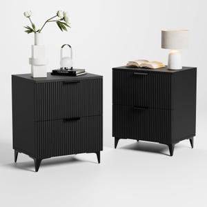 Royal Windsor Small Night Stand Set of 2, Fluted Nightstand with 2 Drawers, Side End Table with Storage, Modern Night Stand Bedside Table Suitable for Small Indoor Rooms, Black