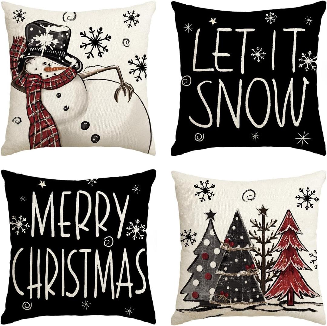 AVOIN colorlife Merry Christmas Snowman Let It Snow Black Throw Pillow Covers, 20 x 20 Inch Xmas Tree Winter Holiday Cushion Case Decoration for Sofa Couch Set of 4
