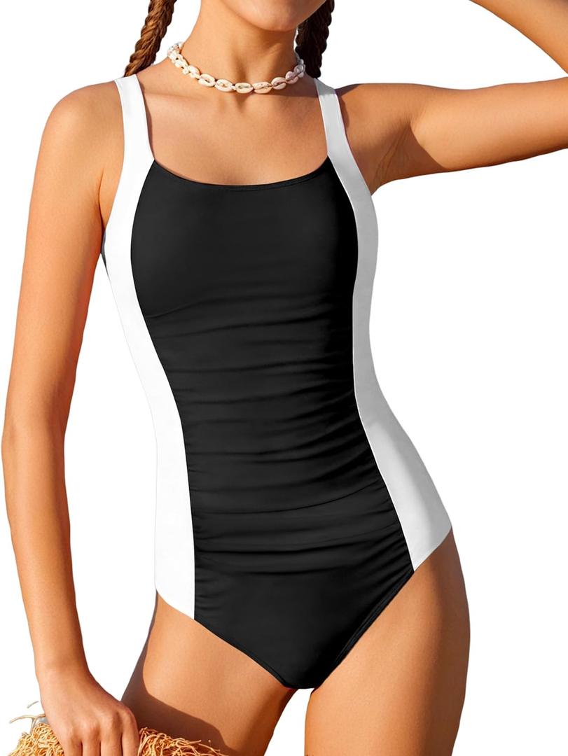 Girl Swimsuit One Piece Bathing Suit for Girls Solid Color Ruched Adjustable Straps Padded Swimwear 9-16y (15-16 Years, Black)