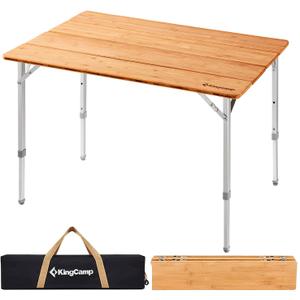 KingCamp Adjustable Height Folding Table, 4-Fold Bamboo Camping Outdoor Portable RV Camp Table with Carry Bag for Outdoor Car Backyard Picnic Tailgating Beach