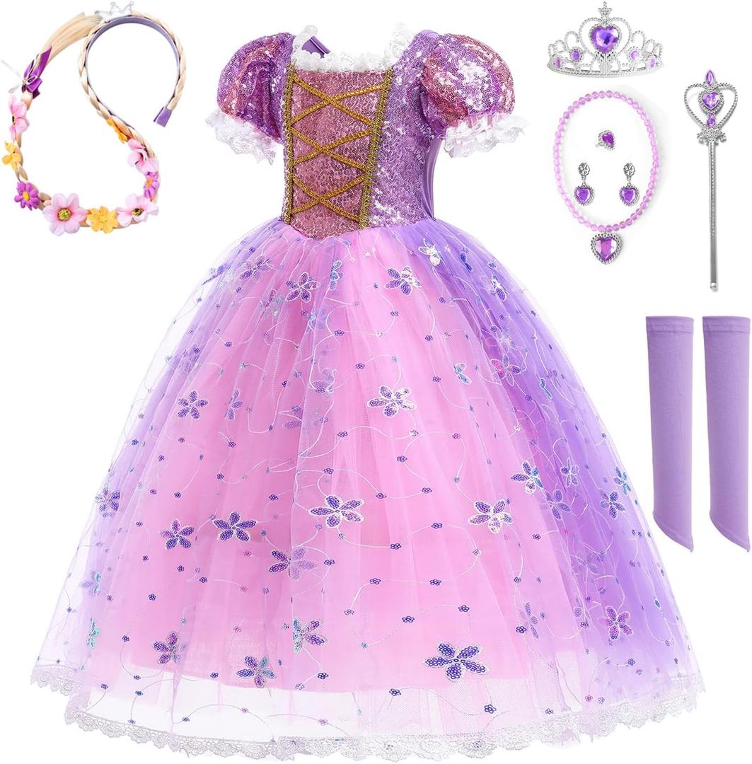 Purple Dress Princess Costume Girls Dress Up for Birthday Party Christmas Theme Outfit Accessory (9-10 Years)