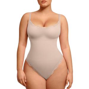 Lover-Beauty Lace Bodysuits Shapewear for Women Breathable Thong Tank Top with Removable Cups (Medium-Large, Beige)