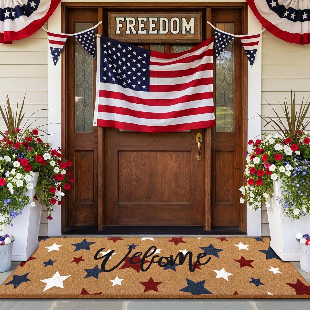 Breling 1 Pcs Large Patriotic Coir Doormat, 16 x 48 inches 250 Anniversary Front Door Rug with Blue Red White Stars, Entryway Mat for 4th of July Memorial Day Outdoor Porch Decor