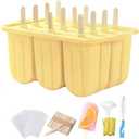 12-Cavity Popsicles Molds Set Homemade Maker Ice Pop Mold Silicone Freezer Molds with 50 Popsicle Sticks 50 Popsicle Bags 50 Ties Funnel Recipes and Cleaning Brush (Yellow)