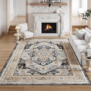 VK VKLIVING Machine Washable Rug 9' x 12', Vintage Persian Oriental Style Machine Washable Area Rugs with Non-Slip Backing for Living Room, Bedroom, Home Decor, Blue-gold
