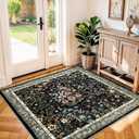 4x4 Square Entry Rug Entryway Foyer: Non-Slip Floral Washable Rugs for Living Room Indoor Floor Kitchen Bedroom - Soft Thin Doormat Carpet Boho Vintage Home Decor (4ft Square, Black)