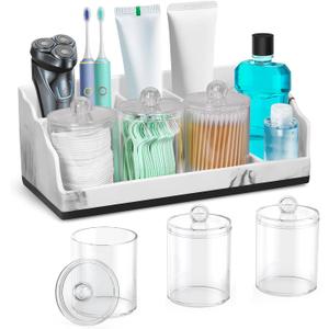 Marble Bathroom Countertop Organizer, Toothbrush Holders for Bathroom with 3PCS Qtip Holder Dispenser and Toothpaste Holder Drainage for Bathroom Accessories Organization Counter Vanity Storage (With 2 Electric Toothbrush Slots, White)