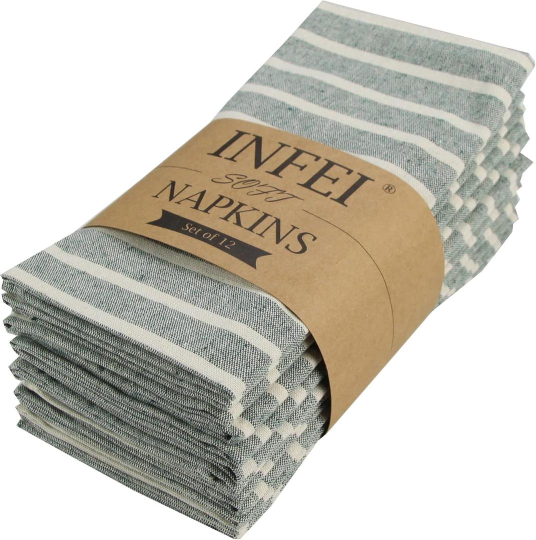 Broad Striped Cotton Blended Dinner Cloth Napkins - Set of 12 (40 x 30 cm) - for Christmas Events & Home Use (Green)