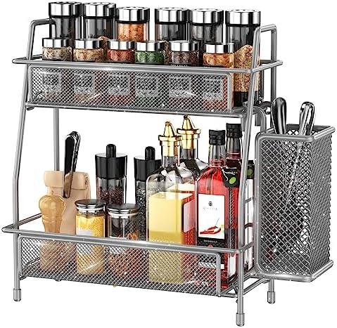 LEMIKKLE Spice Rack Organizer for Kitchen Counter, Spices Organizer and Storage Seasoning Organizer for Cabinet, Kitchen Metal Countertop Organizer with Side Basket (Grey)