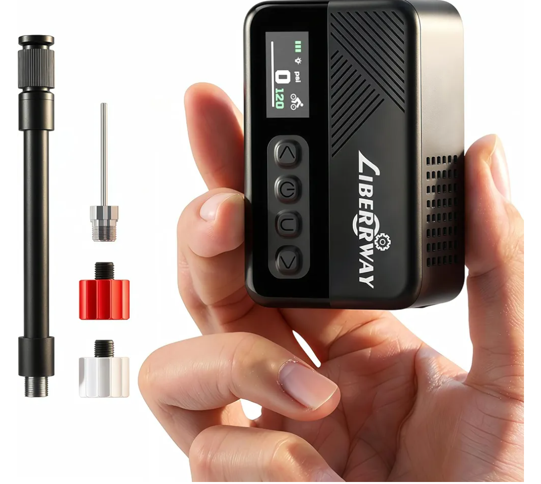 LIBERRWAY Mini Bike Tire Pump, 120 PSI Bicycle Pump with Guage, ±1 PSI Accuracy Auto-Stop Portable Electric Bike Air Pump with Presta and Schrader Valve for Mountain Bike, Road Bike, Motorcycle,Ball